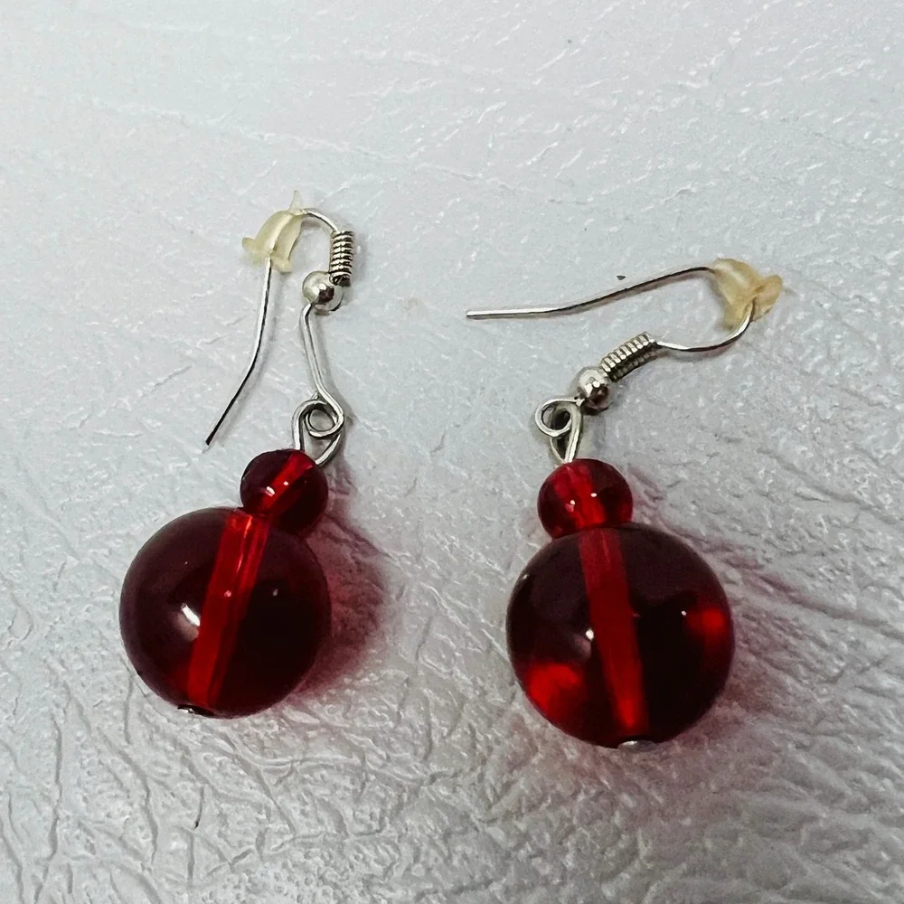Red Translucent Earrings Double Glass Bead Dangle Drop‎ Silver Tone Hooks